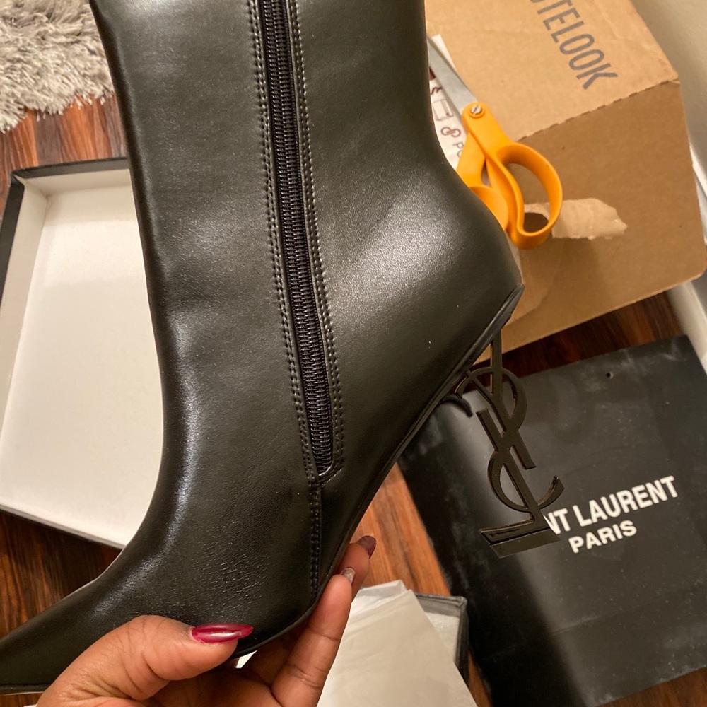 Ysl bootie. With black YSL lettered Heel.